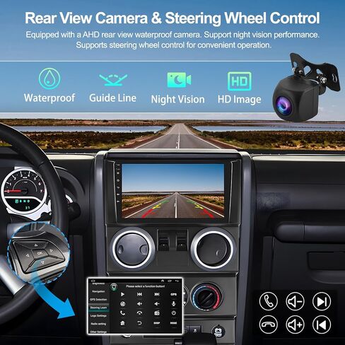 ستيريو سيارة 2G+64G لسيارة Jeep Wrangler 2007-2012 مع CarPlay Andriod Auto 9 بوصة تعمل باللمس وراديو السيارة Android 13 مع نظام ملاحة GPS بلوتوث واي فاي FM RDS كاميرا احتياطية (بابين) in Saudi Arabia