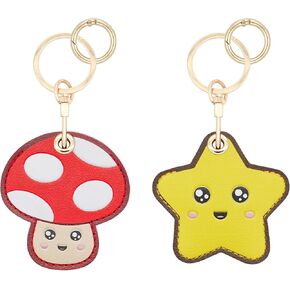 2 Pack for Airtag Cute Keychain Holder, Kawaii Leather Mushroom Star Key Ring Hidden Case Cover