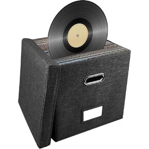 Vinyl Record Storage Box with Lid, Stylish and Practical LP Record Manager, 50+ Single Record Mobile Box, Foldable, Washable Record Box.Document File Folder Cabinet Organizer Case with Handle（Black）