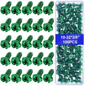 Tandefio 100 Pcs Hex Head Grounding Screw, 10-32 x 3/8 Inch Combo Slotted Hex Washer Head for Electrical Junction Boxes, Metal Outlet and Switch Boxes, Green