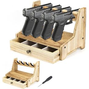 QWORK Wood Pistol Rack Gun Safe - Handgun Rack for Gun Cabinet Storage, with Additional Magazine and Bullet Storage Drawer, 12.2" x 7.6" x 8.5", Pistol Rack Holder, Gun Rack Organizer