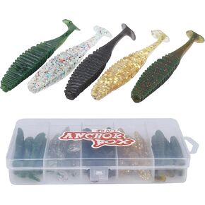 RUNCL Anchor Box - Paddle Tail Swimbaits, Soft Jerk Baits, 20/40/50/60pcs Soft Fishing Lures, Curved Tail Grubs - 3D Lifelike Eyes, Split/Boot/Curved/Straight/Thin Tail - 1/2/3/4/5in, Proven Colors in Kuwait