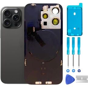 استبدال الزجاج الخلفي الأصلي 15 Pro مع لوحة وكابل مرن وجميع الأجزاء، إطار كاميرا مثبت مسبقًا لهاتف iPhone 15 Pro + أدوات إصلاح (تيتانيوم أسود) in Kuwait