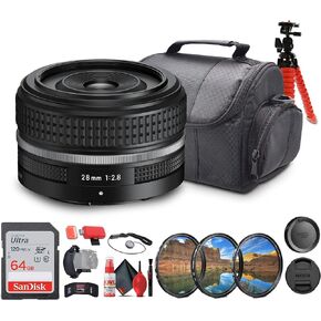 Nikon NIKKOR Z-Mount 28mm f/2.8 (SE) Ultra-Compact and Lightweight FX-Format Retro-Styled Lens (20110) + Backpack + 64GB Memory Card + Flexible Tripod + Cleaning Kit + Hand Strap + More (Renewed)