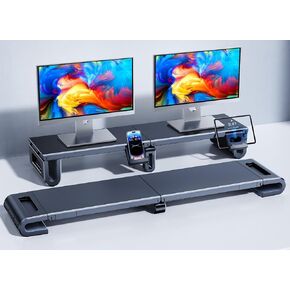 Dual Monitor Stand Riser for Desk - Length and Height Adjustable Computer Monitor Stand with Phone Tablet Stand - Multifunctional Dual Monitor Riser for Printer PC Computer Laptop TV (Black)