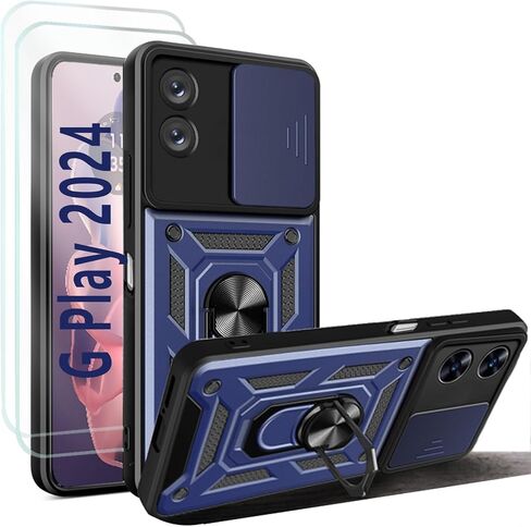 جراب Moto G Play 2024، جراب هاتف Motorola G Play 2024 مع مسند وواقي شاشة وغطاء كاميرا منزلق، غطاء واقٍ شديد التحمل مضاد للصدمات لهاتف Motorola Moto G Play 2024، أزرق in Saudi Arabia