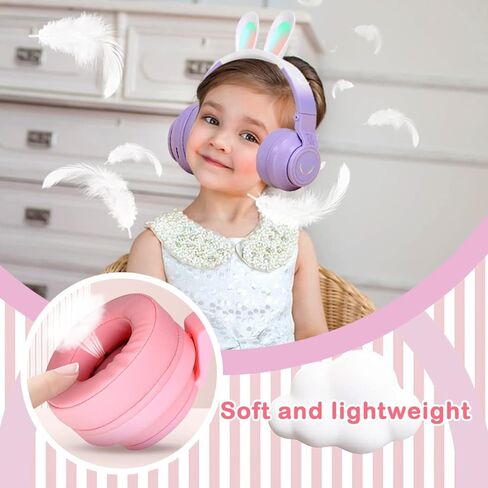 سماعات رأس JINSERTA للأطفال مع إضاءة LED على شكل أرنب الأذن، سماعة ميكروفون قابلة للتعديل بخاصية إلغاء الضوضاء، سماعات رأس لاسلكية قابلة للطي فوق الأذن لهدايا الأطفال/المدرسة/الكمبيوتر اللوحي للأطفال/السفر (أرجواني) in Saudi Arabia
