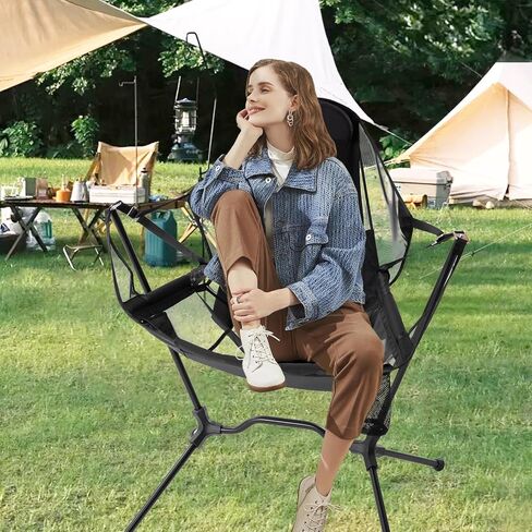 Hammock Camping Chair with Adjustable Backrest, Aluminum Folding Hammock Chair with Pillow Heavy Duty Swing Chair Supports 300lbs Portable Rocking Chair for Traveling Lawn and Patio, Black in Saudi Arabia