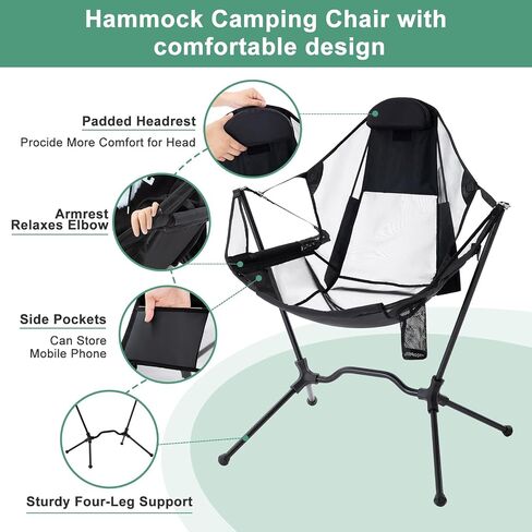 Hammock Camping Chair with Adjustable Backrest, Aluminum Folding Hammock Chair with Pillow Heavy Duty Swing Chair Supports 300lbs Portable Rocking Chair for Traveling Lawn and Patio, Black in Saudi Arabia