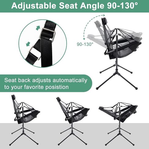 Hammock Camping Chair with Adjustable Backrest, Aluminum Folding Hammock Chair with Pillow Heavy Duty Swing Chair Supports 300lbs Portable Rocking Chair for Traveling Lawn and Patio, Black in Saudi Arabia