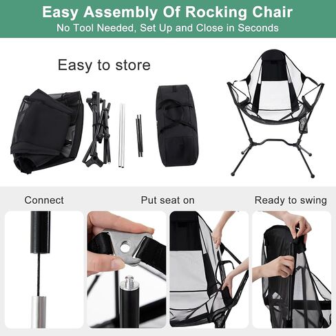 Hammock Camping Chair with Adjustable Backrest, Aluminum Folding Hammock Chair with Pillow Heavy Duty Swing Chair Supports 300lbs Portable Rocking Chair for Traveling Lawn and Patio, Black in Saudi Arabia