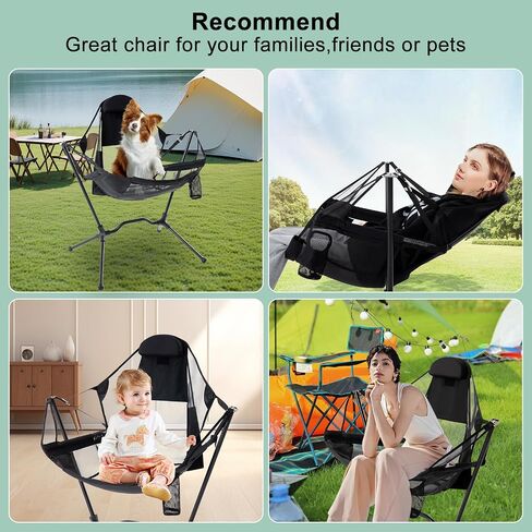 Hammock Camping Chair with Adjustable Backrest, Aluminum Folding Hammock Chair with Pillow Heavy Duty Swing Chair Supports 300lbs Portable Rocking Chair for Traveling Lawn and Patio, Black in Saudi Arabia