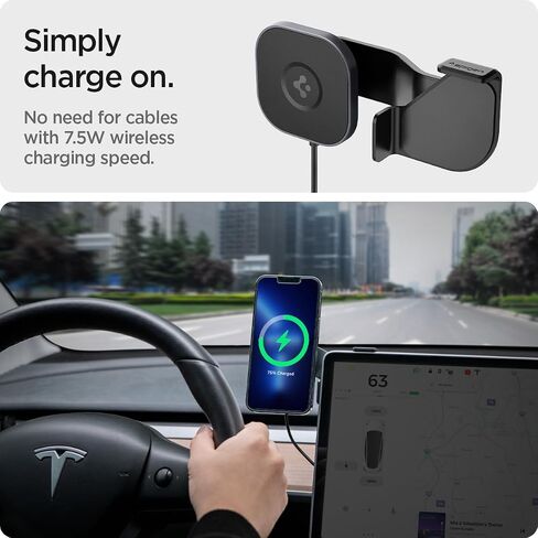 Spigen OneTap Pro (MagFit) مصمم لطراز Tesla 3/Y/S/X وFord Mustang Mach-E مصمم لشاحن السيارة اللاسلكي MagSafe المتوافق مع iPhone 16 Pro Max و16 Pro و16 Plus و15 و14 و13 و 12 in Saudi Arabia
