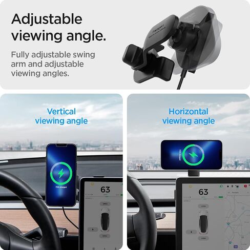 Spigen OneTap Pro (MagFit) مصمم لطراز Tesla 3/Y/S/X وFord Mustang Mach-E مصمم لشاحن السيارة اللاسلكي MagSafe المتوافق مع iPhone 16 Pro Max و16 Pro و16 Plus و15 و14 و13 و 12 in Saudi Arabia