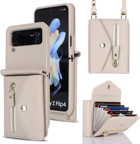 جراب Cavor لهاتف Samsung Galaxy Z Flip 4 مع حزام معصم وحامل بطاقات وحبل حامل وفتحة كتف، جراب هاتف Z Flip 4 لطيف، مضاد للسقوط، جراب جلدي بسحاب وجيب مقاوم للصدمات - أسود in Kuwait