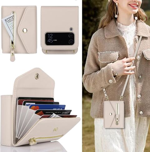 جراب Cavor لهاتف Samsung Galaxy Z Flip 4 مع حزام معصم وحامل بطاقات وحبل حامل وفتحة كتف، جراب هاتف Z Flip 4 لطيف، مضاد للسقوط، جراب جلدي بسحاب وجيب مقاوم للصدمات - أسود in Kuwait