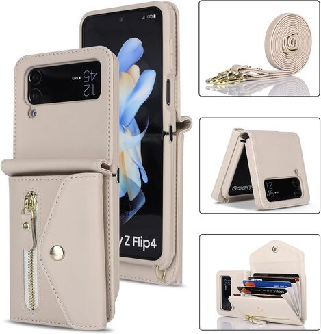 جراب Cavor لهاتف Samsung Galaxy Z Flip 4 مع حزام معصم وحامل بطاقات وحبل حامل وفتحة كتف، جراب هاتف Z Flip 4 لطيف، مضاد للسقوط، جراب جلدي بسحاب وجيب مقاوم للصدمات - أسود in Kuwait