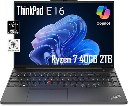 Lenovo ThinkPad E16 Business Laptop (16" FHD+ Display, AMD Ryzen 7 7730U (Beat i7-1255U), 40GB RAM, 2TB SSD) Fingerprint, Backlit, FHD Webcam, Wi-Fi, Ethernet, Win 11 Pro w/ AI Copilot, 2024, Black in Saudi Arabia