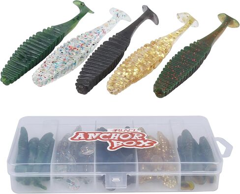 RUNCL Anchor Box - Paddle Tail Swimbaits, Soft Jerk Baits, 20/40/50/60pcs Soft Fishing Lures, Curved Tail Grubs - 3D Lifelike Eyes, Split/Boot/Curved/Straight/Thin Tail - 1/2/3/4/5in, Proven Colors in Kuwait