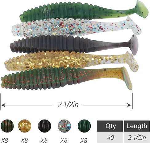 RUNCL Anchor Box - Paddle Tail Swimbaits, Soft Jerk Baits, 20/40/50/60pcs Soft Fishing Lures, Curved Tail Grubs - 3D Lifelike Eyes, Split/Boot/Curved/Straight/Thin Tail - 1/2/3/4/5in, Proven Colors in Kuwait