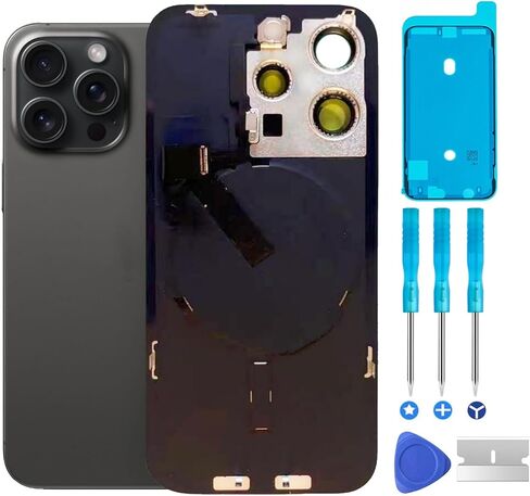 استبدال الزجاج الخلفي الأصلي 15 Pro مع لوحة وكابل مرن وجميع الأجزاء، إطار كاميرا مثبت مسبقًا لهاتف iPhone 15 Pro + أدوات إصلاح (تيتانيوم أسود) in Kuwait