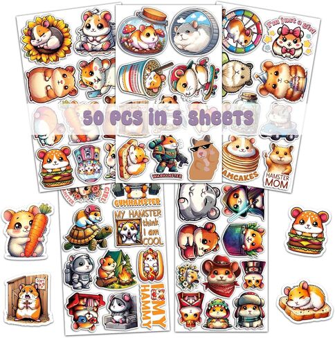 Pack 50 PCS Hamster Stickers Cute Animal Decals Vinyl Waterproof Decor Laptop Phone Case Water Bottle Luggage Skateboard Luggage Bicycle Bumper Gift for Boy Girl Kid Teen Adult in Kuwait