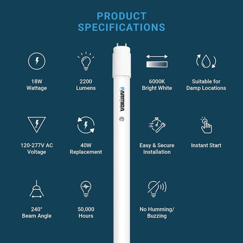 PARMIDA 20-Pack 4FT LED T8 Hybrid Type A+B Light Tube, 18W, Plug & Play or Ballast Bypass, Single-Ended OR Double-Ended Connection, 2200lm, Frosted Cover, T8 T10 T12, UL - 3000K in Saudi Arabia