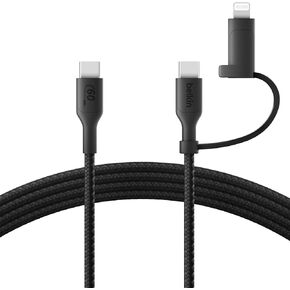 Belkin BoostCharge 2-in-1 USB-C Charging Cable w/USB-C & Lightning Connector - Braided Fast-Charging Cable, Multi-Charging Combo Cord for Apple iPhone, iPad, Samsung, MacBook, & More - Black