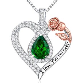 Hidepoo Christmas Gifts for Women Mom Wife - Sterling Silver Rose Heart Birthstone Necklace I Love You Forever Heart Pendant Teardrop Necklace Jewelry Anniversary Valentines Christmas Birthday Gifts