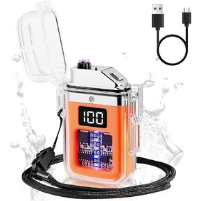 Electric Lighter with Digital Display and Flashlight Type C Rechargeable USB Lighter, Plasma Arc Lighter Waterproof and Windproof Flameless Cool Lighter for Camping Hiking Outdoor Activities