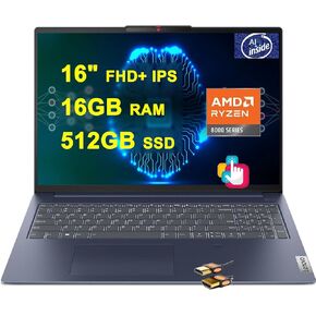 Lenovo IdeaPad Slim 5 Business AI PC Laptop 16" FHD+ IPS Touch AMD 8-core Zen 4 Ryzen 7 8845HS (>i7-12700H) 16GB RAM 512GB SSD Backlit Fingerprint USB-C FHD Privacy Camera Win11 Blue + HDMI Cable