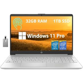 HP 15.6" HD Touchscreen Laptop, Intel Core i3-1215U Processor, 32GB RAM, 1TB PCIe SSD, Intel UHD Graphics, HD Webcam, Numpad, Wi-Fi 5, Bluetooth, Silver, Win 11 Pro, 32GB USB Card
