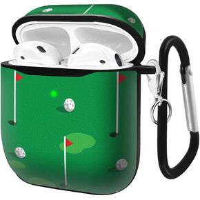 Compatible with AirPods 2nd 1st Generation Charging Case,Soft Leather Printing Case Shock-Absorbing Protective Cover with Keychain (Flags and Balls on Green Golf Course)
