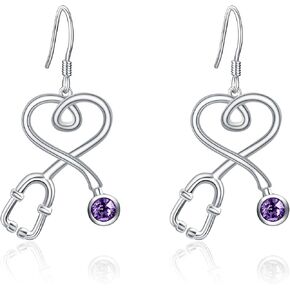 AOBOCO S925 Nurse Earrings Sterling Silver Fishhook Stethoscope Drop Earrings with Blue Crystal,Jewelry Gift for Doctor Nurse