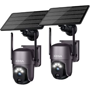 Xega 2 Pack Security Camera Wireless Outdoor 2K 360° PTZ Camera Solar Security Cameras 2.4G WiFi Video Surveillance w/Spotlight & Siren, Color Night Vision, AI Motion Detection, 2-Way Talk, IP66
