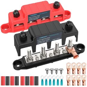 CAMWAY Bus Bar Power Distribution Block - 250A 12V 48V DC Battery Busbar Terminal Block, 4 x 3/8inch M10 Studs, 3 x M4 Screw Strong Conductivity Insulation for Marine Automotive RV Solar Wiring