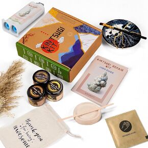 Bio Kintsugi Repair Kit Gold -Food Safe- Complet 15 Pages Booklet Manual 60g Gold Mica Powder for Japanese Gold Repair Kit DIY Craft Kits for Adults Pottery Repair Kit 50 ml Resin