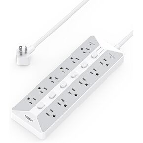 Power Strip with USB, Individual Switches, TESSAN 12 Outlets and 3 USB Ports, Long Extension Cord 6 Feet with Surge Protector for Home, Dorm and Office Accessories, 1700J, Gray