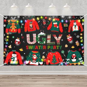 MEHOFOND Ugly Sweater Party Backdrop Banner, Red and Green Sweater String Lights Snowflake Merry Christmas Party Decorations, Winter Xmas Family Holiday Party Supplies, Photo Props 70.8x43.3 Inch