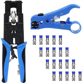Delgada Multifunctional Coax Compression Connector Crimper Kit with 20 F Connectors and BNC Compression Tool for RG59 RG6 RCA TV Cable Repair