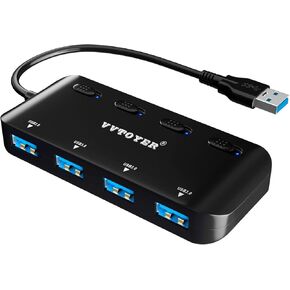 USB 3.0 Hub Splitter, 4-Port USB Extender Hub for Laptop, VVTOYER Multi USB Port Expander Adapter with Individual Power Switches