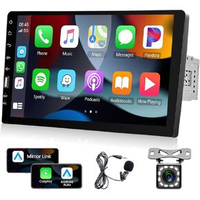 Car Stereo Single Din CarPlay Android Auto, Hodozzy 9 Inch Touchscreen Car Radio with Bluetooth FM AM Audio, iOS/Android Mirror Link TF/USB/AUX Car Multimedia Player, Backup Camera + Mic