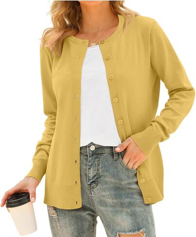 YUNDAI Womens Classic Open Front Knit Cardigan Long Sleeve Button Down Fall Sweaters Blouse in Saudi Arabia