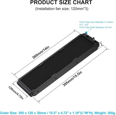 Water Cooling Computer Radiator, 12 Pipe Aluminum Heat Exchanger Liquid Cooling Radiator Fans - 240mm Radiator for CPU PC Laser Water Cool System DC12V Black in Kuwait