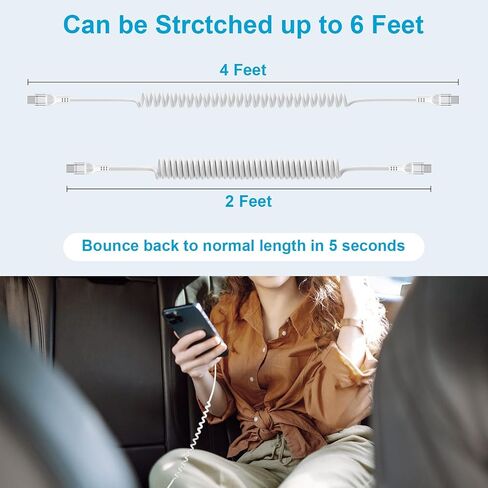 USB C to USB C Coiled Cable 6FT Retractable Auto Type C Fast Charging Cord in Saudi Arabia
