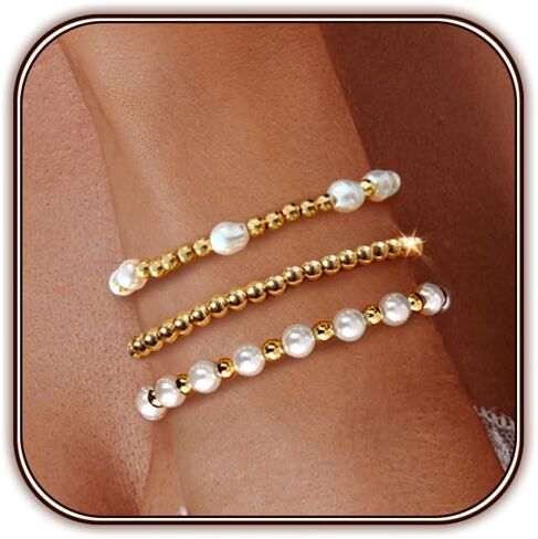 Gold Pearl Beaded Bracelets for Women, 14K Gold Plated Bead Pearl Bracelet Stack Jewelry Sets Paperclip Link Chain Bracelet Gold Bracelets for Women Teen Girls Trendy Jewelry in Saudi Arabia
