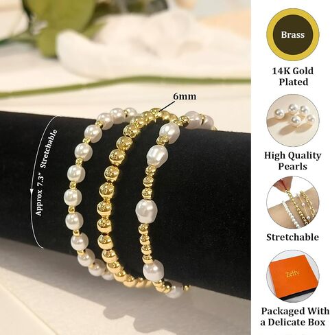 Gold Pearl Beaded Bracelets for Women, 14K Gold Plated Bead Pearl Bracelet Stack Jewelry Sets Paperclip Link Chain Bracelet Gold Bracelets for Women Teen Girls Trendy Jewelry in Saudi Arabia