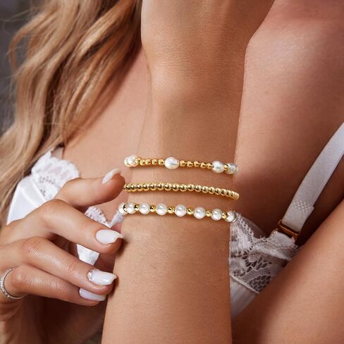 Gold Pearl Beaded Bracelets for Women, 14K Gold Plated Bead Pearl Bracelet Stack Jewelry Sets Paperclip Link Chain Bracelet Gold Bracelets for Women Teen Girls Trendy Jewelry in Saudi Arabia
