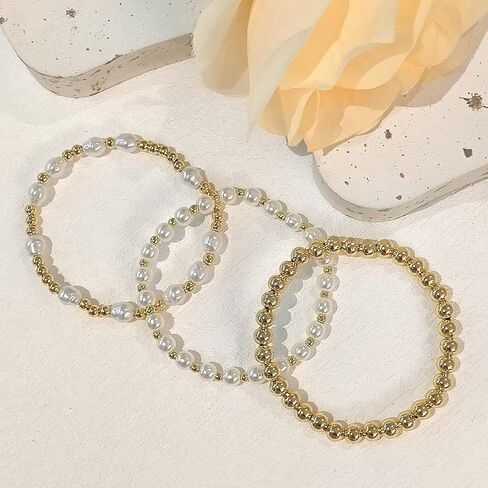 Gold Pearl Beaded Bracelets for Women, 14K Gold Plated Bead Pearl Bracelet Stack Jewelry Sets Paperclip Link Chain Bracelet Gold Bracelets for Women Teen Girls Trendy Jewelry in Saudi Arabia