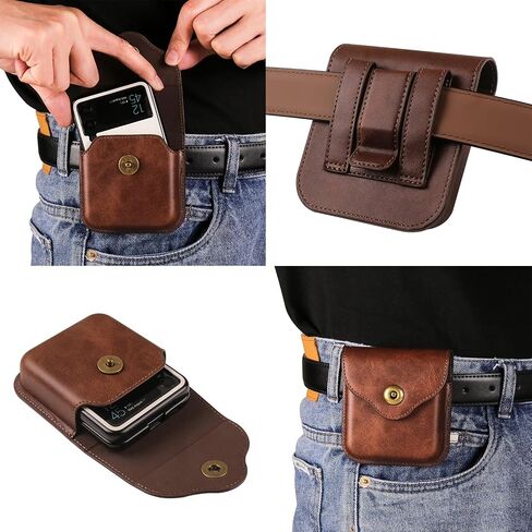 حافظة هاتف لهاتف Samsung Galaxy Z Flip 6/5/4/3/2، Motorola Razr 2024 2023 / Razr Plus 2024 2023، مع حلقة مشبك حزام حافظة هاتف معدنية كلاسيكية من الجلد لجيب P50 (بني) in Saudi Arabia